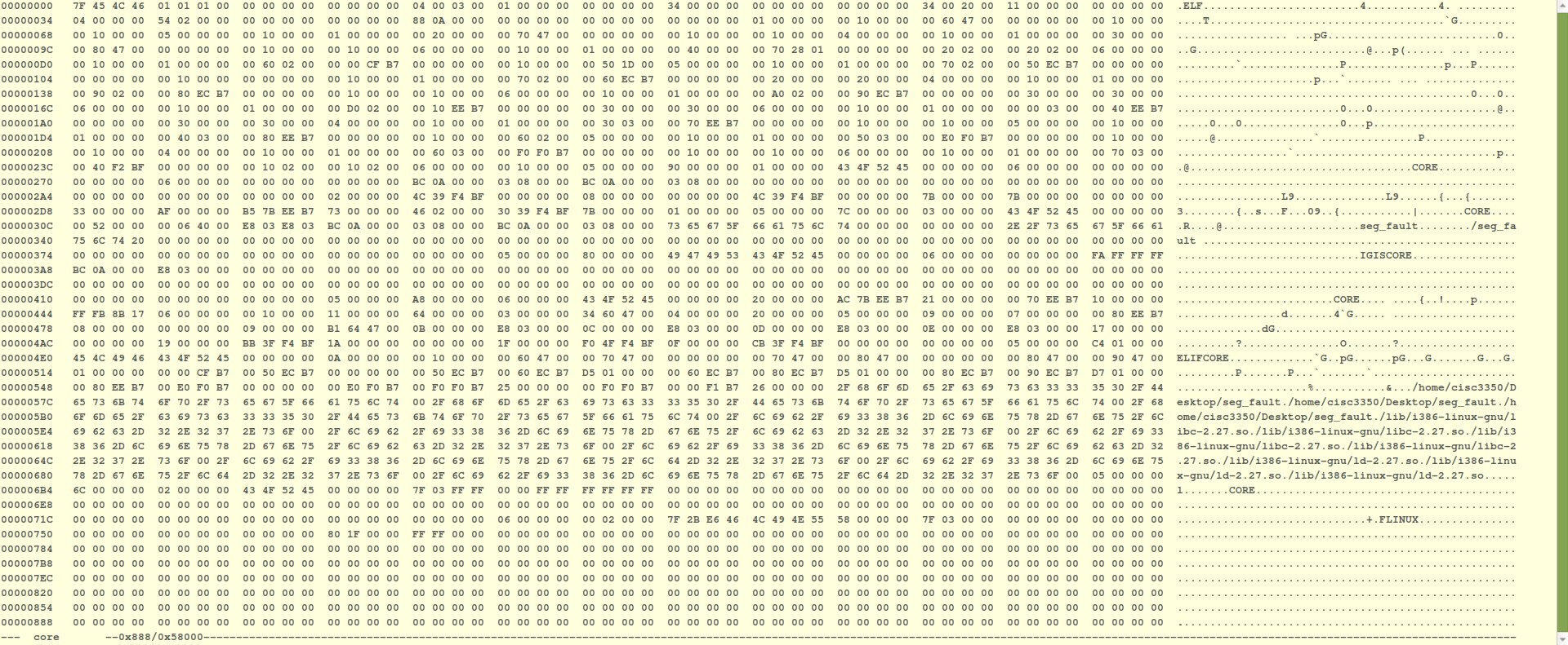 The view of a core dump: in the middle are sequences of hexadecial numbers organized as bytes (every two letters are a single byte) and, on the right side, is the ASCII interpretation of these numbers. That is, the right side is a 'human readable' version of the numeric data. The vast majority of the bytes are zeros ('emptiness') and only here and there are non-zero bytes, representing some variables that the program used before it crashed.